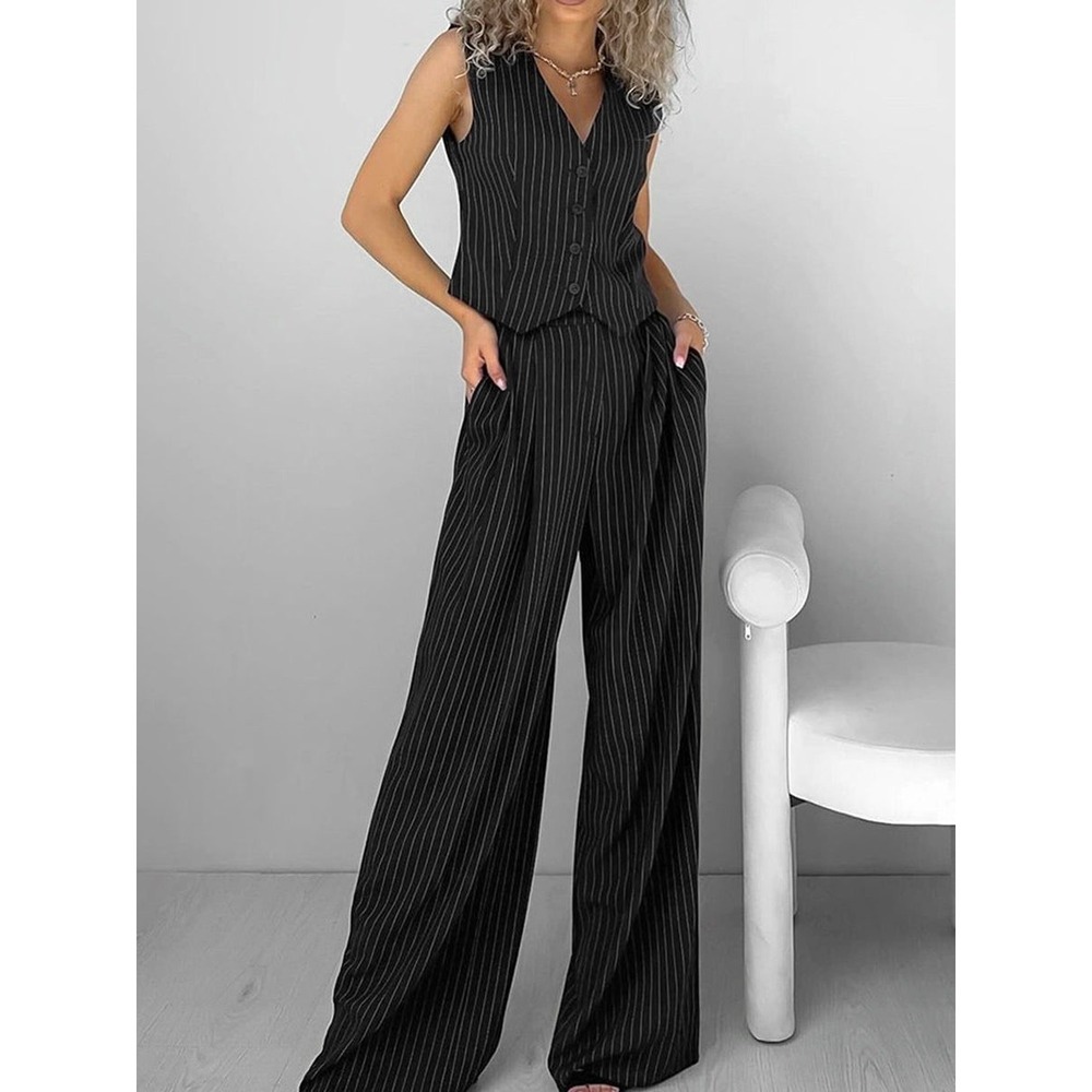 Commense Black Pinstripe Vest & Wide Leg Trouser Set